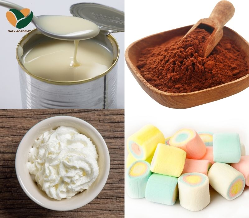 Nguyên liệu chuẩn bị để pha cacao nóng Marshmallow