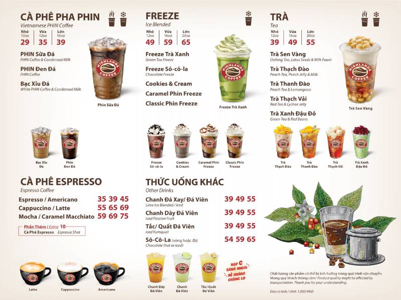 Menu Highlands Coffee phong cách hiện đại, trẻ trung