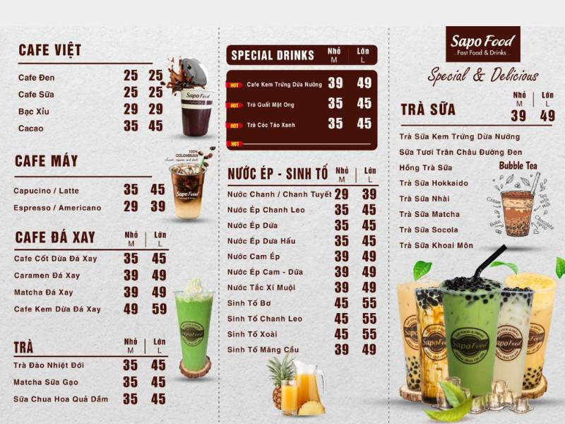 Mẫu menu quán trà sữa Sapo food