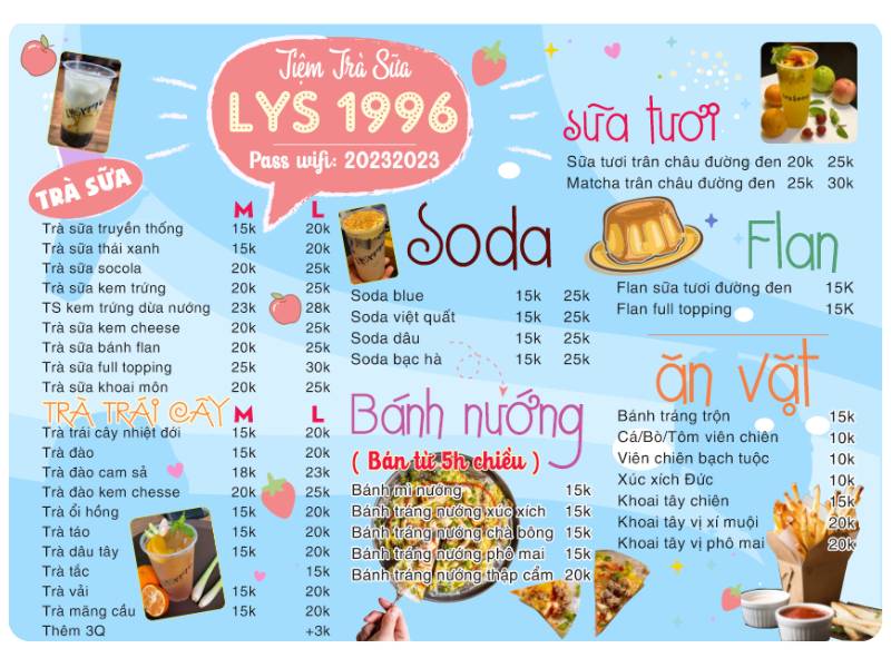 Menu tiệm trà sữa Lys 1996