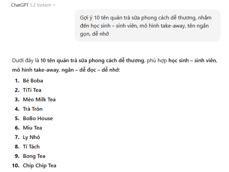 Prompt gợi ý đặt tên quán trà sữa theo tệp khách hàng mục tiêu Prompt gợi ý đặt tên quán trà sữa theo tệp khách hàng mục tiêu