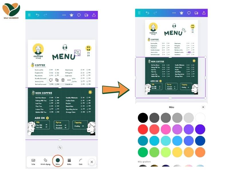 Cách đổi màu khi thiết kế menu bằng Canva