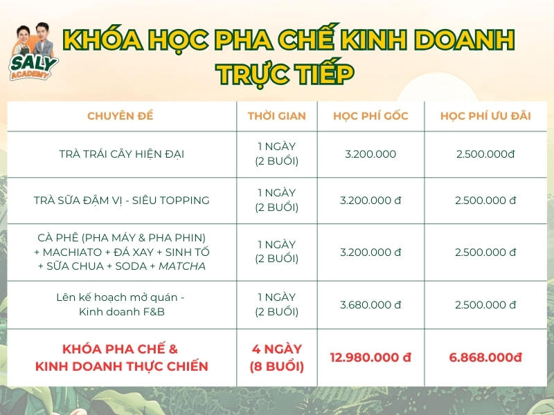 Bảng giá học phí khóa học trực tiếp Ly Phạm - Dạy Pha Chế