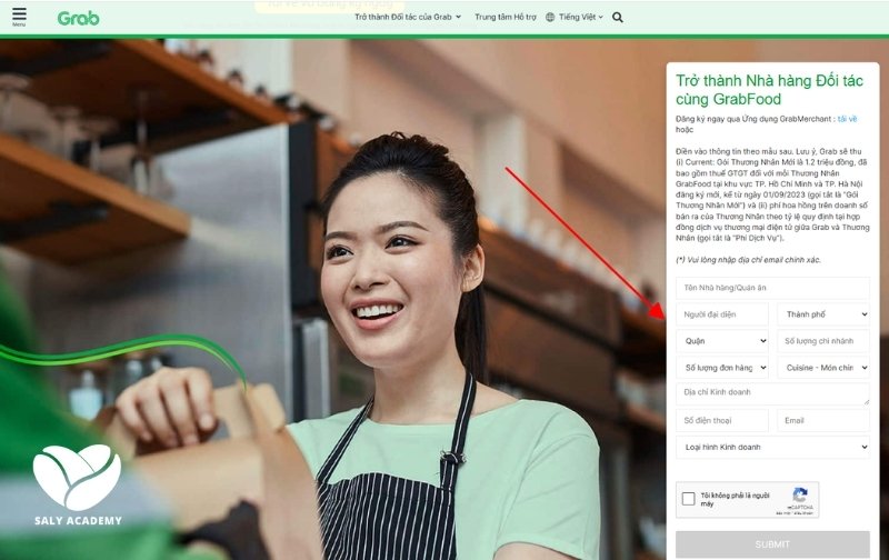 Giao diện điền thông tin khi đăng ký bán hàng trên GrabFood