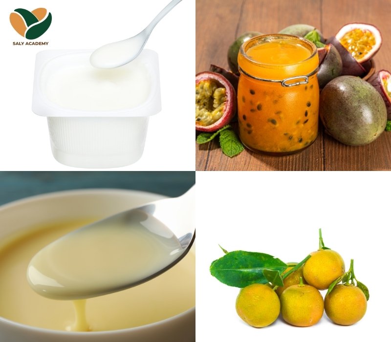Một số nguyên liệu để chuẩn bị làm sữa chua trái cây