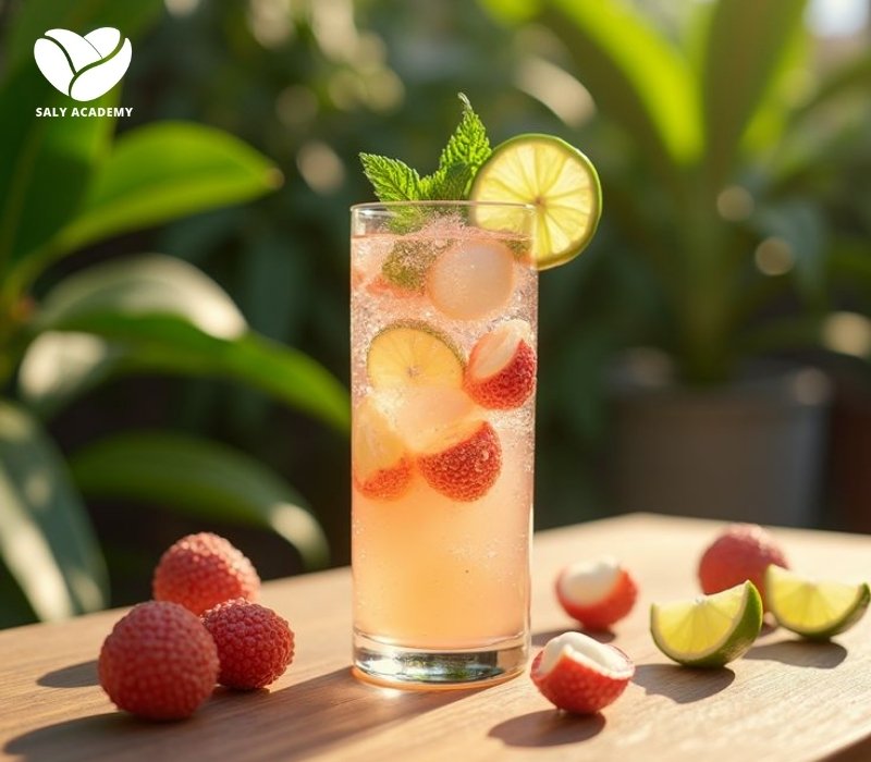 Soda vải thành phẩm với phân tầng đẹp mắt, hương thơm mát lạnh