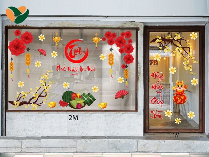 Trang trí decal Tết dán kính mặt tiền quán cafe