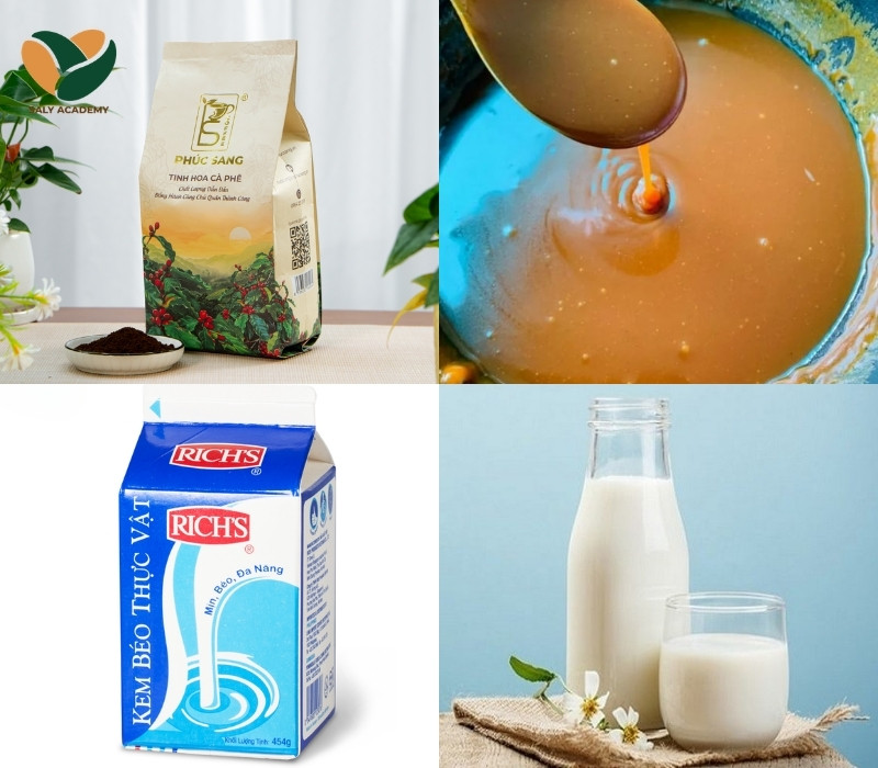 Nguyên liệu để pha cà phê latte caramel muối Nguyên liệu để pha cà phê latte caramel muối