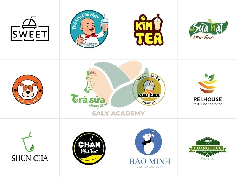 Logo trà sữa kết hợp icon đồ uống, bình shaker, topping