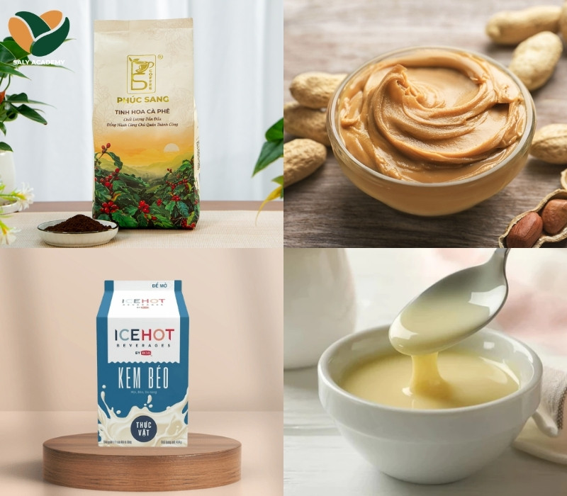 Nguyên liệu chuẩn bị làm cà phê latte bơ đậu phộng nóng Nguyên liệu chuẩn bị làm cà phê latte bơ đậu phộng nóng