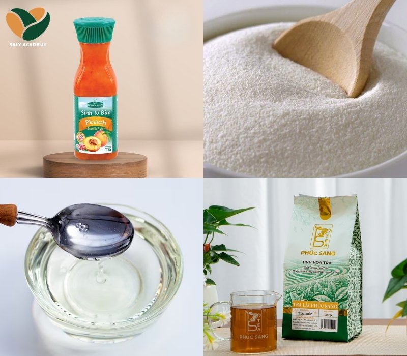 Nguyên liệu chuẩn bị để làm lục trà sữa đào