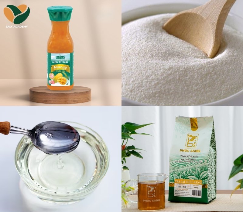 Nguyên liệu chuẩn bị để làm lục trà sữa xoài Nguyên liệu chuẩn bị để làm lục trà sữa xoài