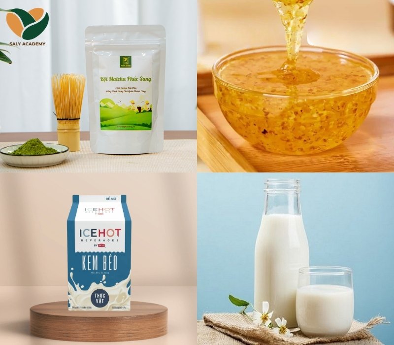 Nguyên liệu chuẩn bị để làm matcha latte quế hoa