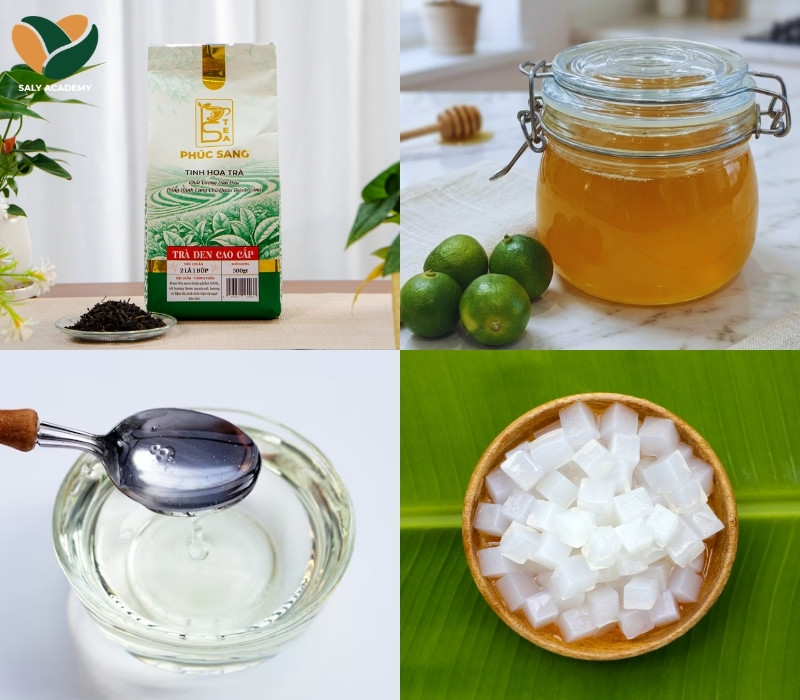 Nguyên liệu chuẩn bị để làm hồng trà sốt tắc