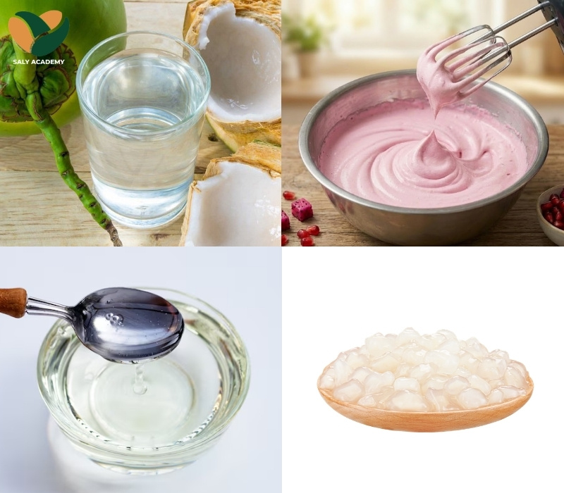 Nguyên liệu chuẩn bị để làm coconut mây hồng Nguyên liệu chuẩn bị để làm coconut mây hồng